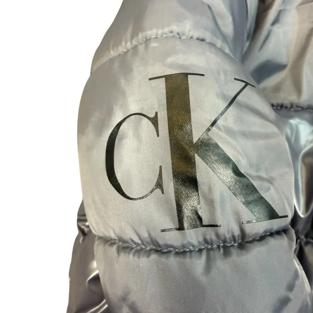 Calvin Klein Jeans Puffer Jacket Baby 12M Silver Metallic Hooded CK Logo Coat
